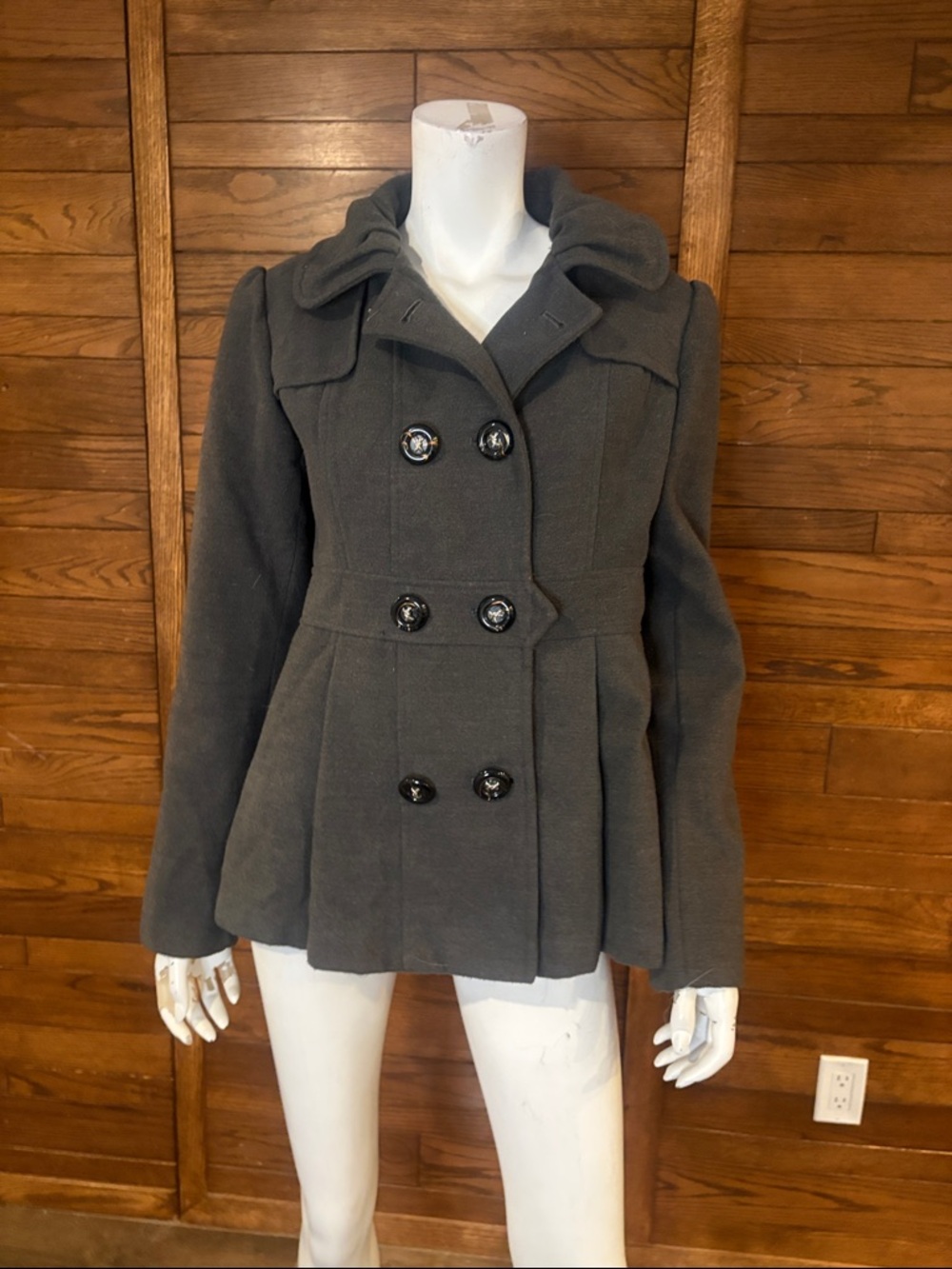 Suzy Shier Charcoal Gray Double-Breasted Hooded Peacoat